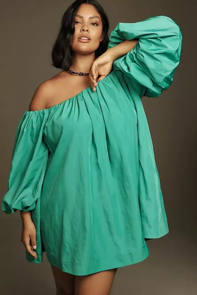 Mare Mare Puff-sleeve Off-the-shoulder Mini Dress In Green