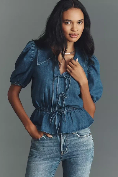 Mare Mare Puff-sleeve Peplum Denim Top In Blue