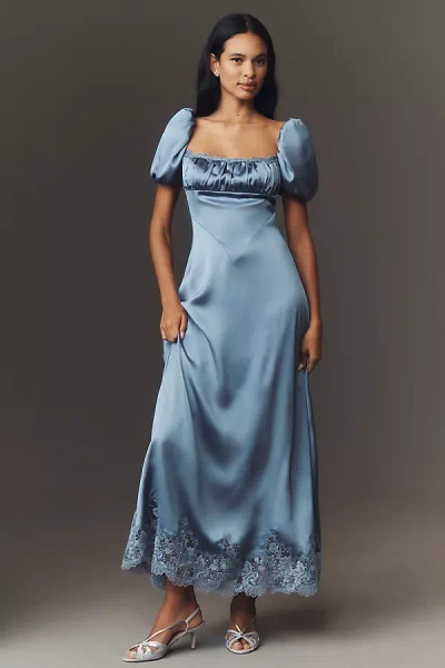 Mare Mare Puff-sleeve Square-neck Satin Maxi Dress In Blue