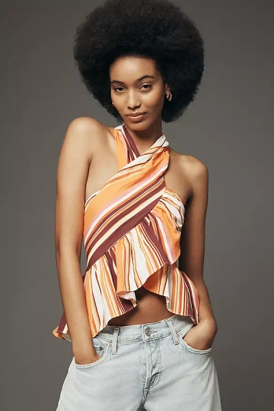 Mare Mare Ruffle Cross-neck Halter Tank Top In Brown