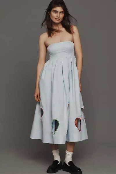 Mare Mare Strapless Cut-out Hearts A-line Midi Dress In Blue