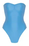 Mare Perpetua The Dip Lace-trimmed Strapless One-piece Swimsuit In Blue