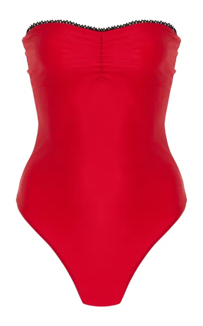 Mare Perpetua The Dip Lace-trimmed Strapless One-piece Swimsuit In Red