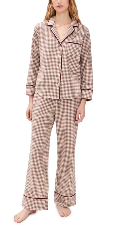 Marea Flannel Gingham Piped Pajama Set Mocha In Brown