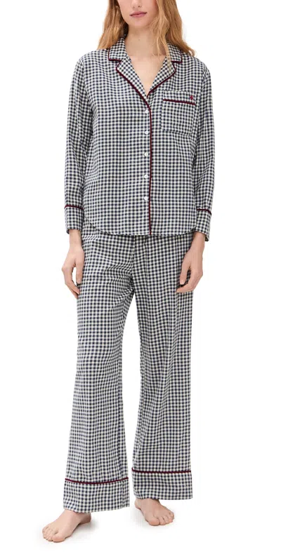 Marea Flannel Gingham Piped Pajama Set Navy Gingham In Blue