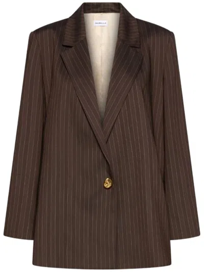 Marella Brown Vertical Pinstripes Tailored Blazer In Black