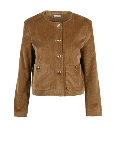 Marella Brown Corduroy Jacket With Velvet Details And Jewel Buttons In Blue