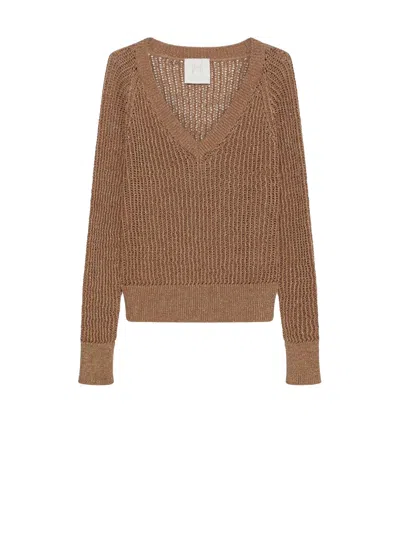 Marella Camel V-neck Sweater In Lurex Cotton In Brown