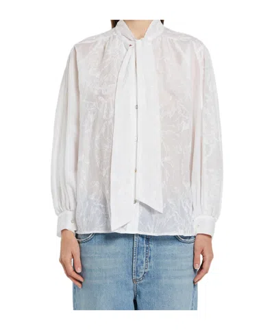 Marella Cotton And Silk Muslin Shirt With Floral Embroidery In White