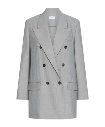 Marella Double-breasted Wool And Silk Grisaille Blazer In Gray