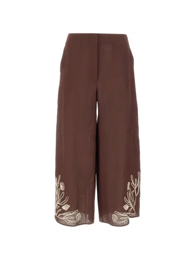 Marella Embroidered Linen Trousers In Brown