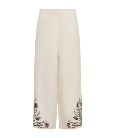 Marella Embroidered Linen Trousers In Neutral