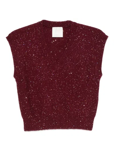 Marella Glitter-embellished V-neck Knitted Top In Red