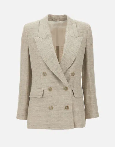 Marella Double-breasted Linen Blazer In Melange Grey
