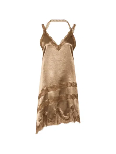 Marella Silk Slip Dress With Lace Trim And Asymmetrical Hemline In Brown