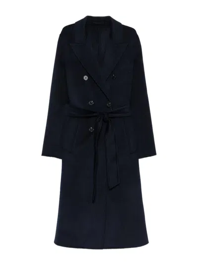 Marella Laghi Long Double-breasted Blue Wool Coat In Dark Blue
