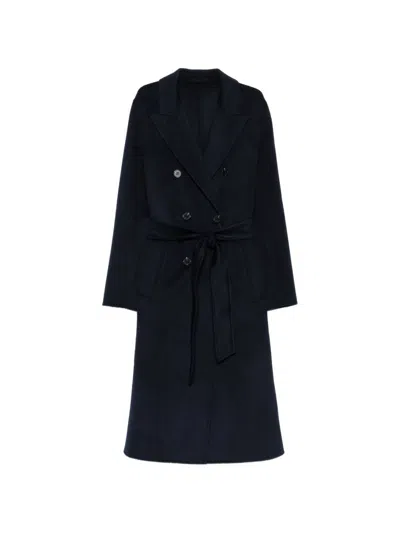Marella Laghi Long Double-breasted Blue Wool Coat With Belt