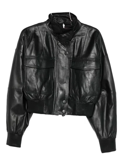 Marella Leather Bomber Jacket In Black
