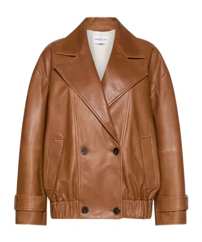 Marella Leather Pea Coat In Brown