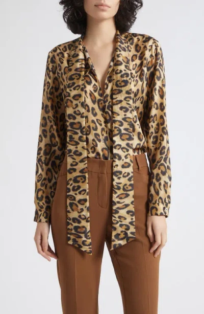 Marella Leopard Printed Silk Tie Neck Shirt In Brown