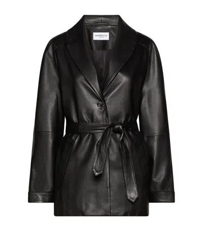 Marella Longline Belted Leather Jacket In Black
