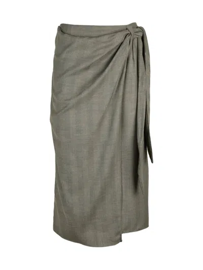 Marella Midi Wrap Skirt With Subtle Herringbone Pattern And Side Tie In Green