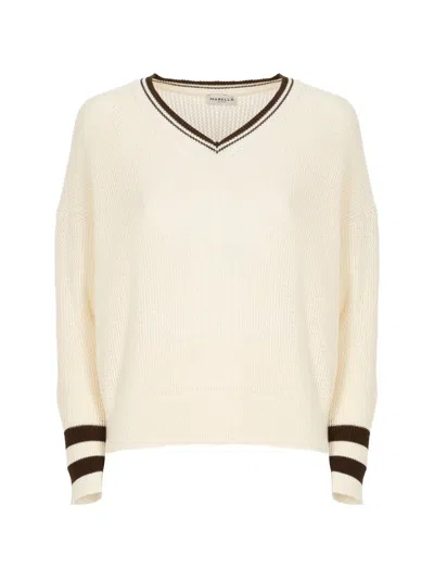 Marella Mlsfestoso V-neck Striped-trim Sweater In Neutrals