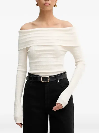 Marella Off-the-shoulder Ribbed Sweater In Neutral