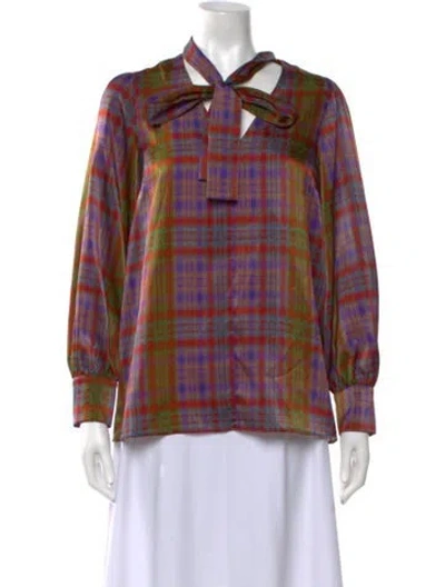 Pre-owned Marella Plaid Print Tie Neck Blouse In Multicolor
