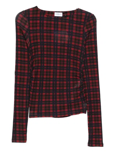 Marella Plaid Ruched Top In Burgundy
