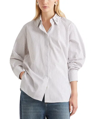 Marella Rhinestone Collar Striped Shirt In White