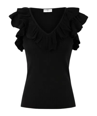 Marella Ruffled Fine Rib Knit T-shirt In Black