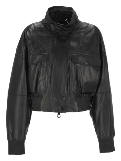 MARELLA RUFFLED STAND-COLLAR LEATHER BOMBER JACKET