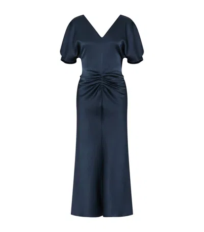 Marella Satin Gathered Midi Dress In Blue