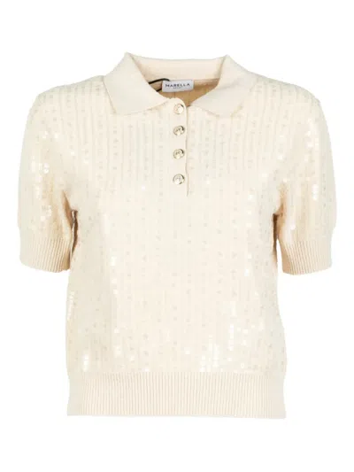 Marella Sequin Button Polo Top In Neutral