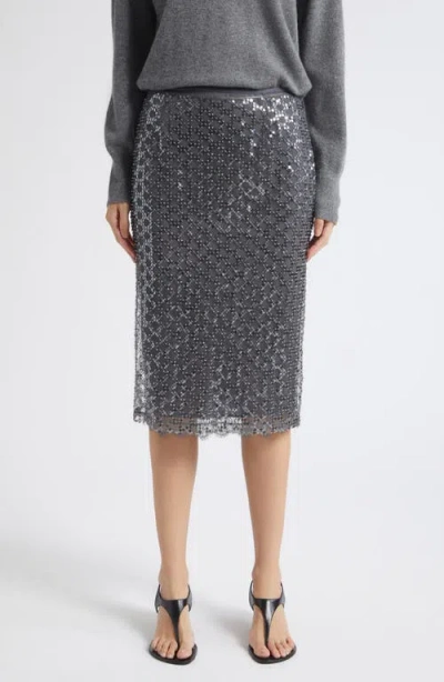 Marella Sequin Trellis Lace Hem Skirt In Gray