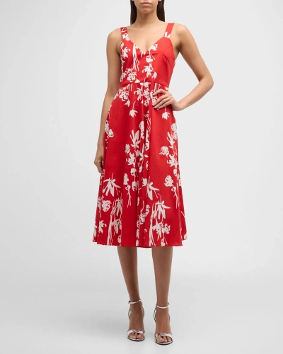 Marella Sleeveless Floral-print A-line Midi Dress In Red Floral