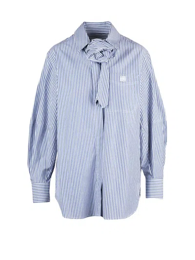 Marella Sport Blue And White Striped Cotton Sport Shirt With Tie Neck Detail