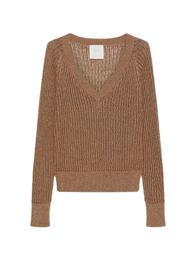 Marella Camel V-neck Sweater In Lurex Cotton In Brown