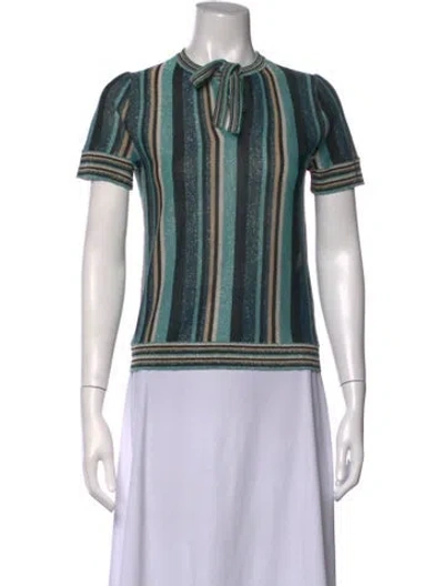 Pre-owned Marella Striped Tie Neck Top In Green