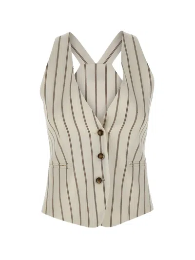 Marella Striped V-neck Gilet In White