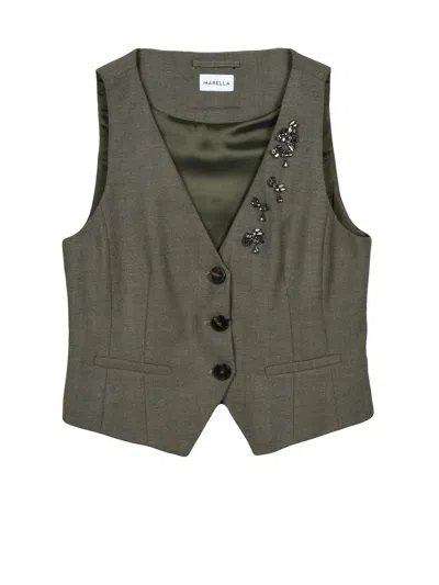 Marella Tailored Green Wool Vest With Deep V-neckline And Subtle Embellishments
