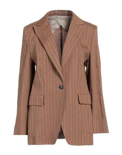 Marella Woman Blazer Camel Size 12 Linen, Viscose, Cotton, Metallic Fiber In Beige