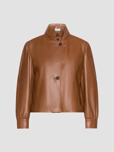 Marella Button-front Leather Jacket In Brown