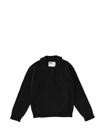 Margaret Howell Ribbed Wool Sweater With Classic Collar In Black