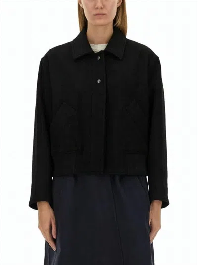 Margaret Howell Cropped Boxy-fit Wool Jacket With Ribbed Details In Black