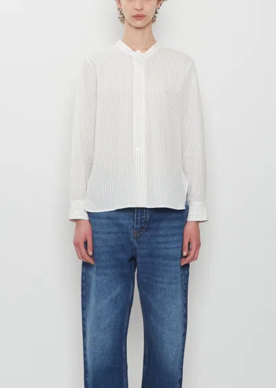 Margaret Howell Fine Cotton Shadow Stripe Collarless Shirt In White