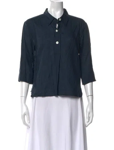 Pre-owned Margaret Howell Linen Three-quarter Sleeve Button-up Top In Blue