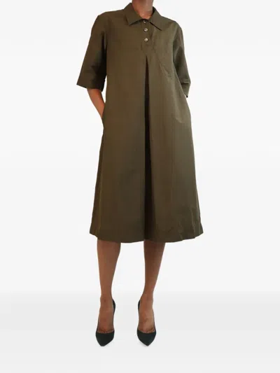 Pre-owned Margaret Howell Pleated Twill Midi Dress In Brown