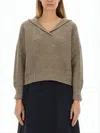 Margaret Howell Ribbed Knit Sweater With Folded Collar In Soft Merino Wool In Brown